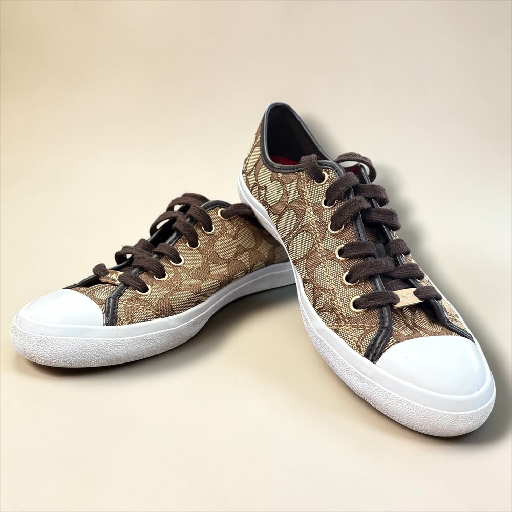 Coach Signature Jacquard Empire Low Top Sneakers Khaki Brown Monogram Shoes - Picture 2 of 10